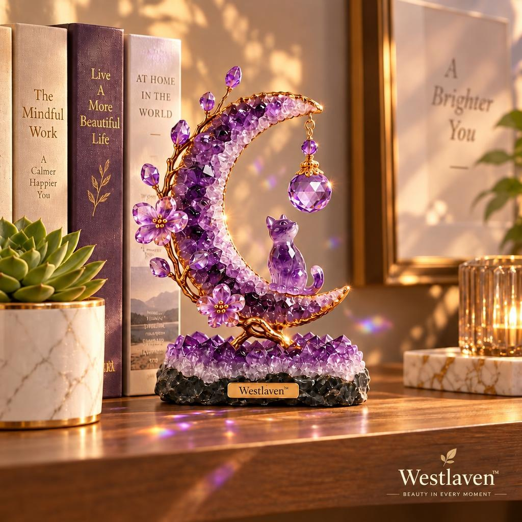 Westlaven™ Amethyst Moon Cat Sculpture lifestyle image